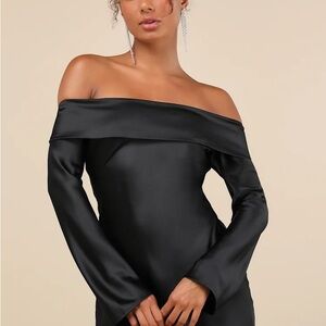 Lulu's Black Satin Off-Shoulder Dress